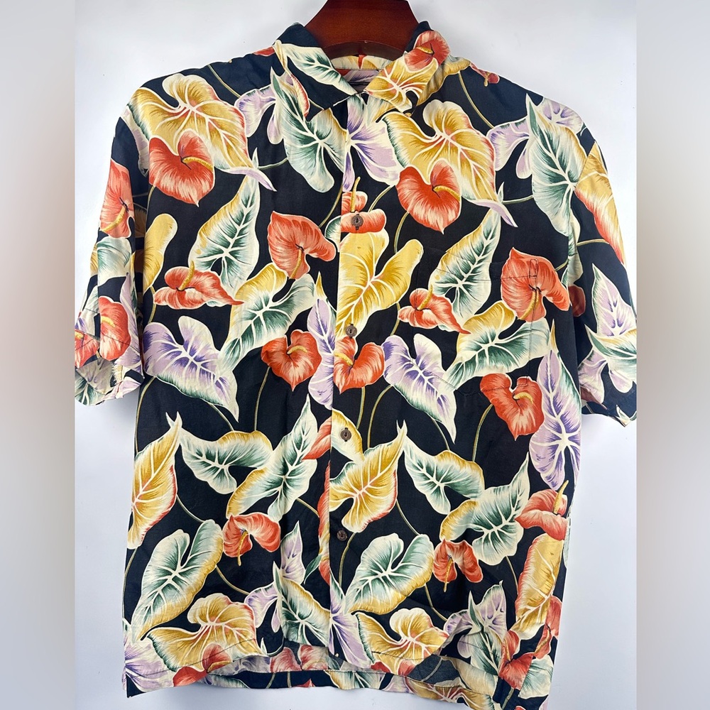 Vintage Pineapple Juice Men L Hawaiian‎ Aloha Floral Tropical Costal Loop Collar